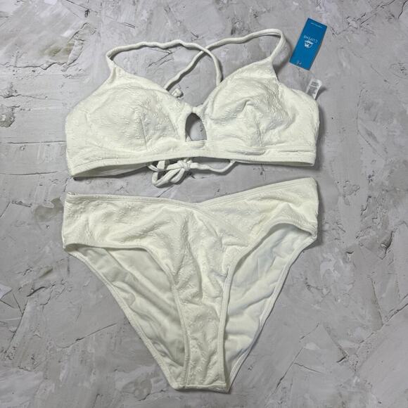 NEW CUPSHE Daisy Jacquard Cross Back Bralette & V-Front Cheeky Bikini Set XL - Picture 3 of 4